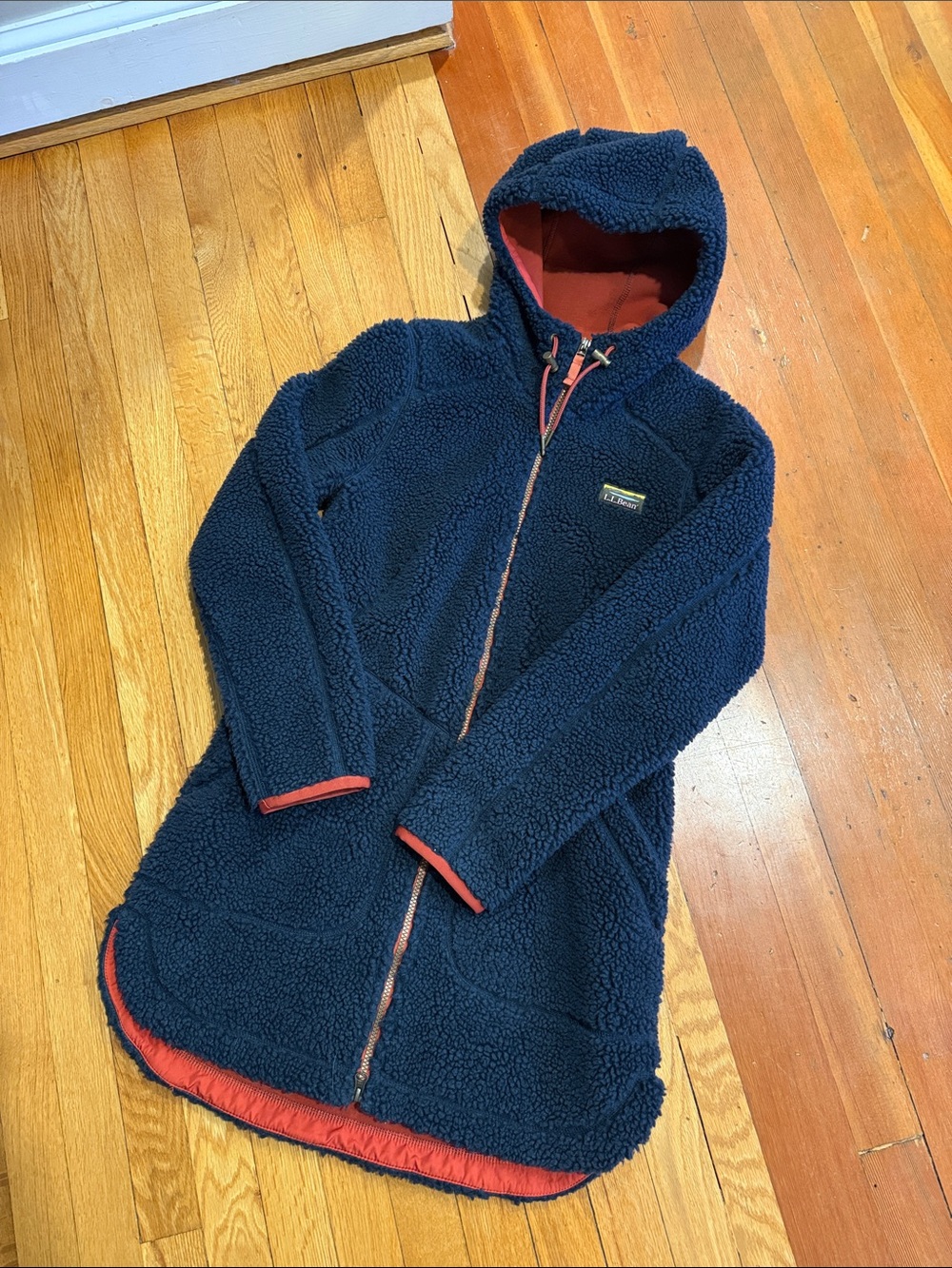 L.L. Bean Navy Sherpa Hooded Zip Women’s Jacket with Red Trim